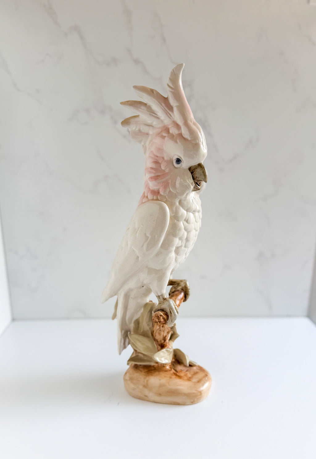 Vintage Ceramic Cockatoo Figurine – Hand Painted Pink & White Parrot Statue