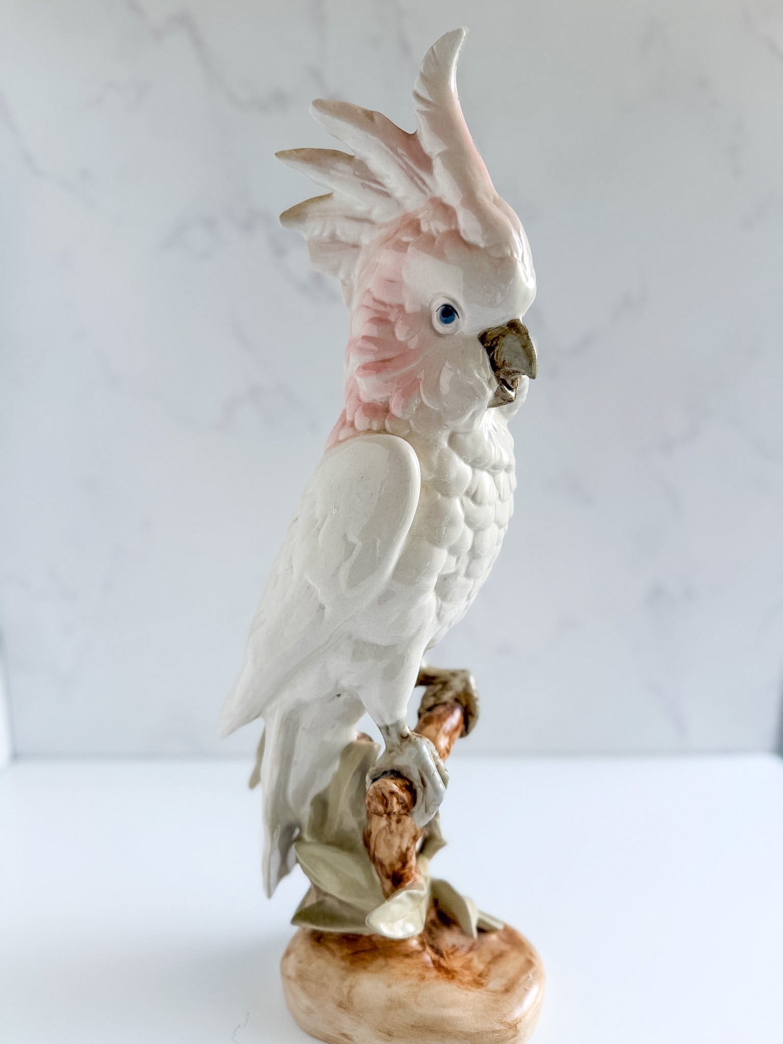 Vintage Ceramic Cockatoo Figurine – Hand Painted Pink & White Parrot Statue