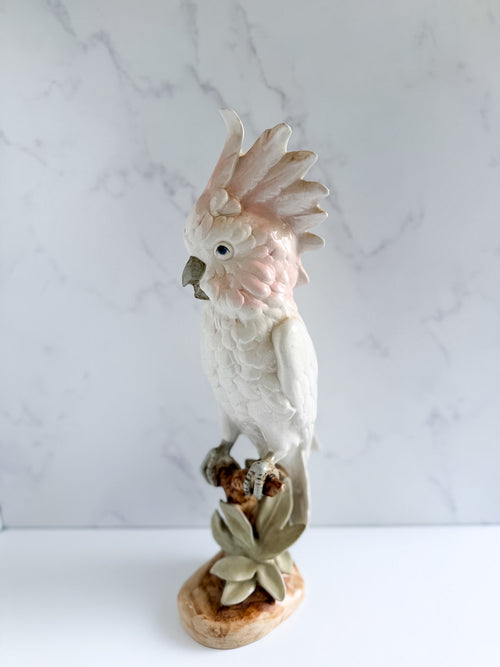 Vintage Ceramic Cockatoo Figurine – Hand Painted Pink & White Parrot Statue